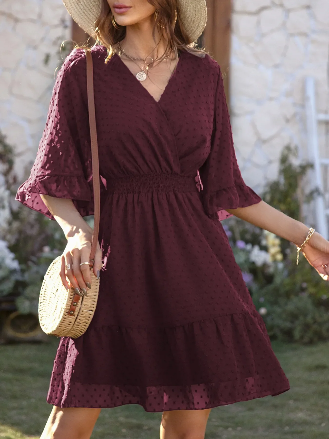 Swiss Dot Flare Sleeve Wrap Mini Dress - Image 13