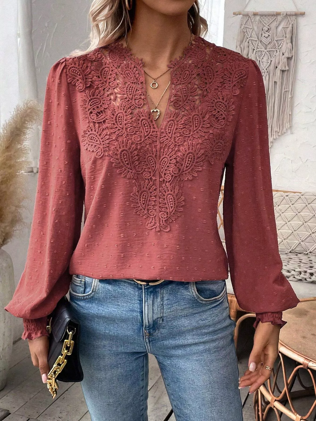 Swiss Dot Lace Detail Long Sleeve Blouse - Image 12