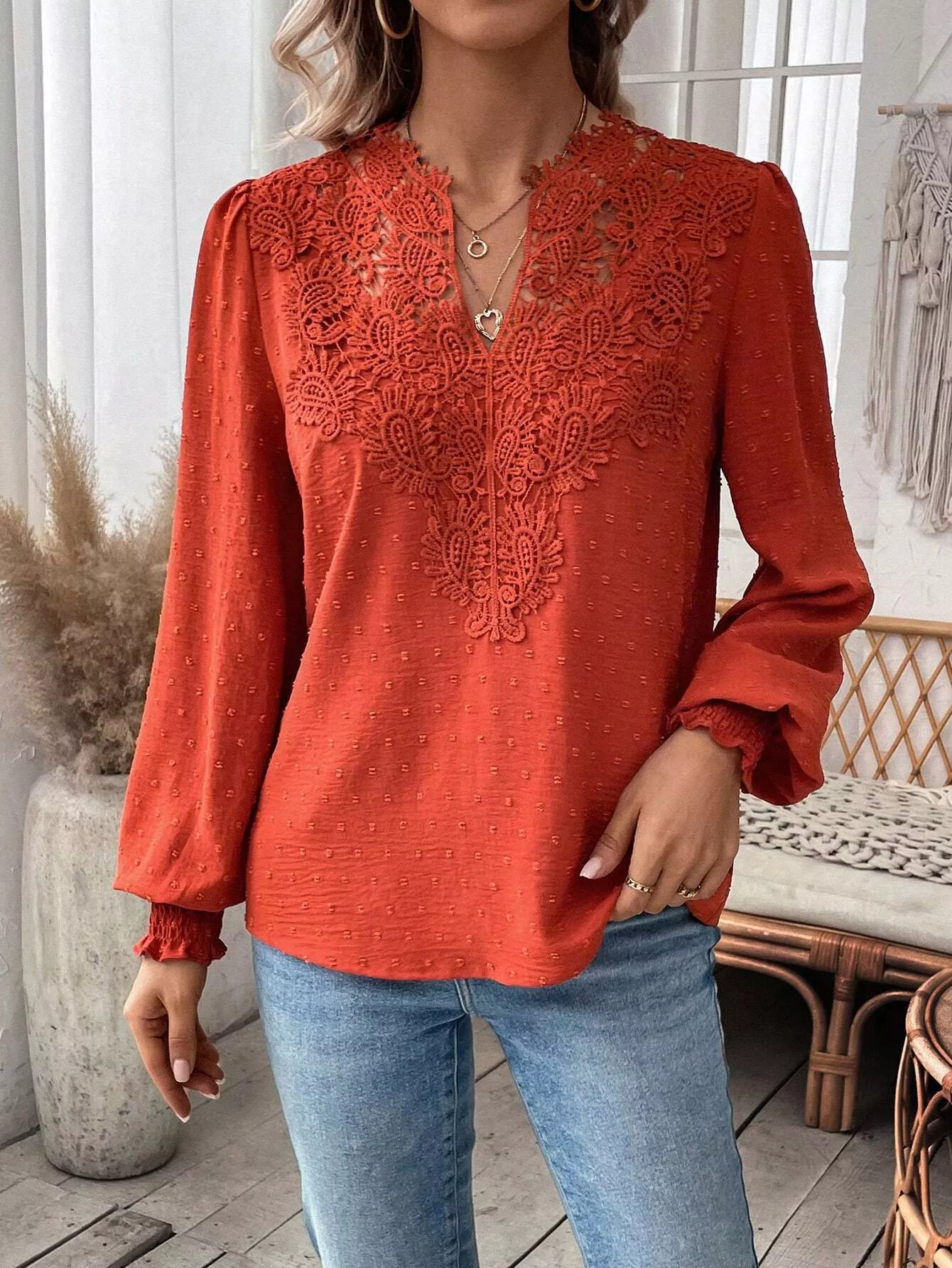 Swiss Dot Lace Detail Long Sleeve Blouse - Image 2