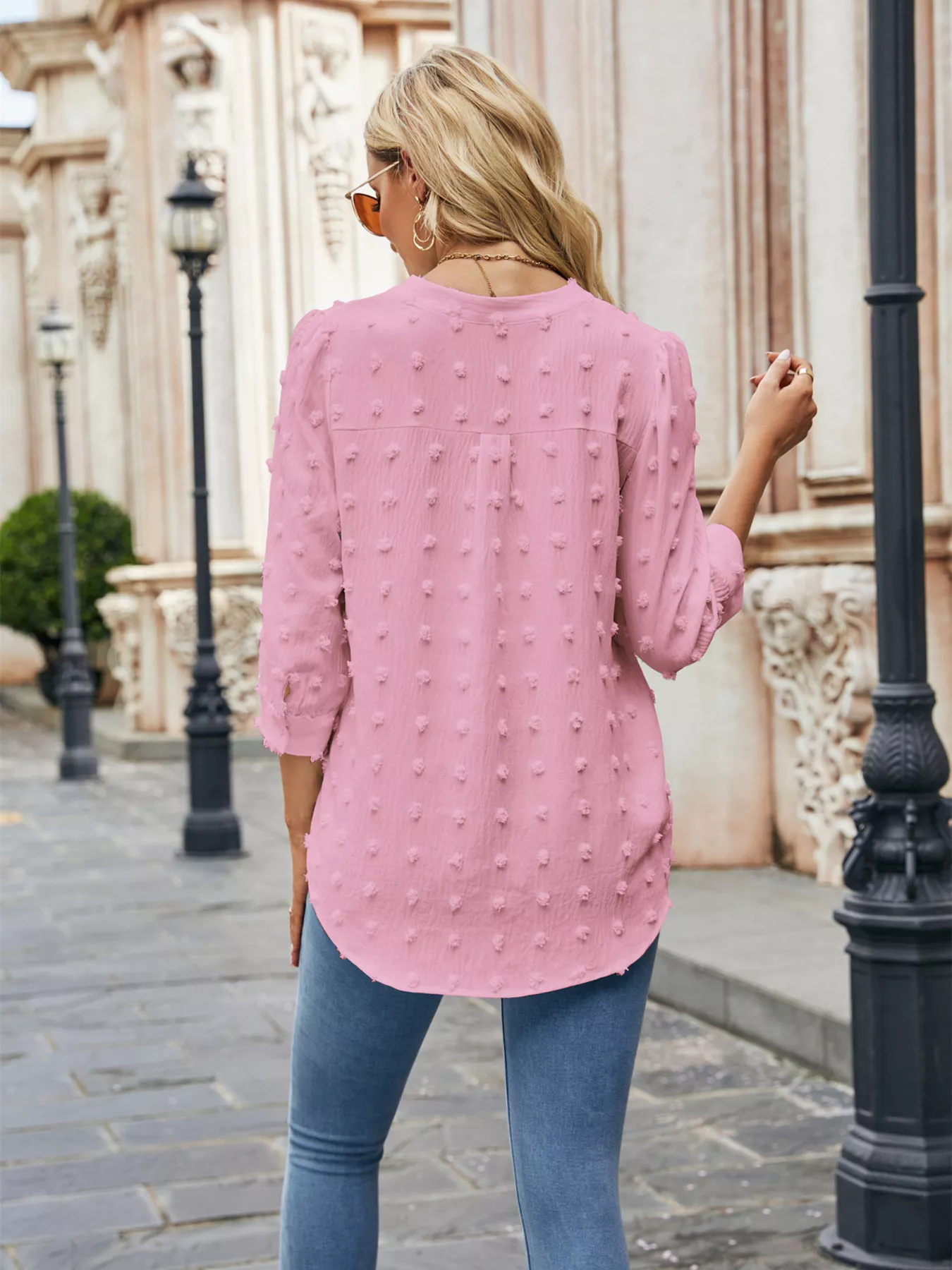 Swiss Dot Notched 3/4 Sleeve Blouse - Image 11