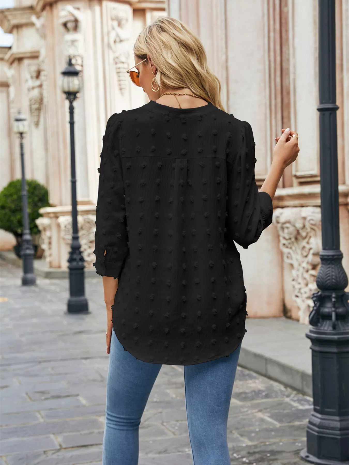 Swiss Dot Notched 3/4 Sleeve Blouse - Image 14