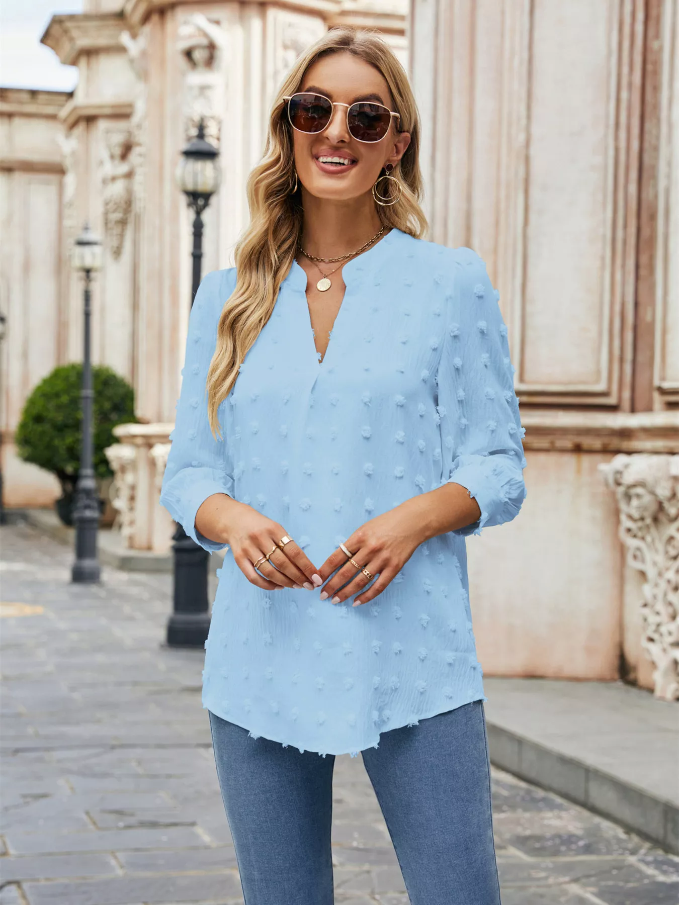 Swiss Dot Notched 3/4 Sleeve Blouse - Image 16