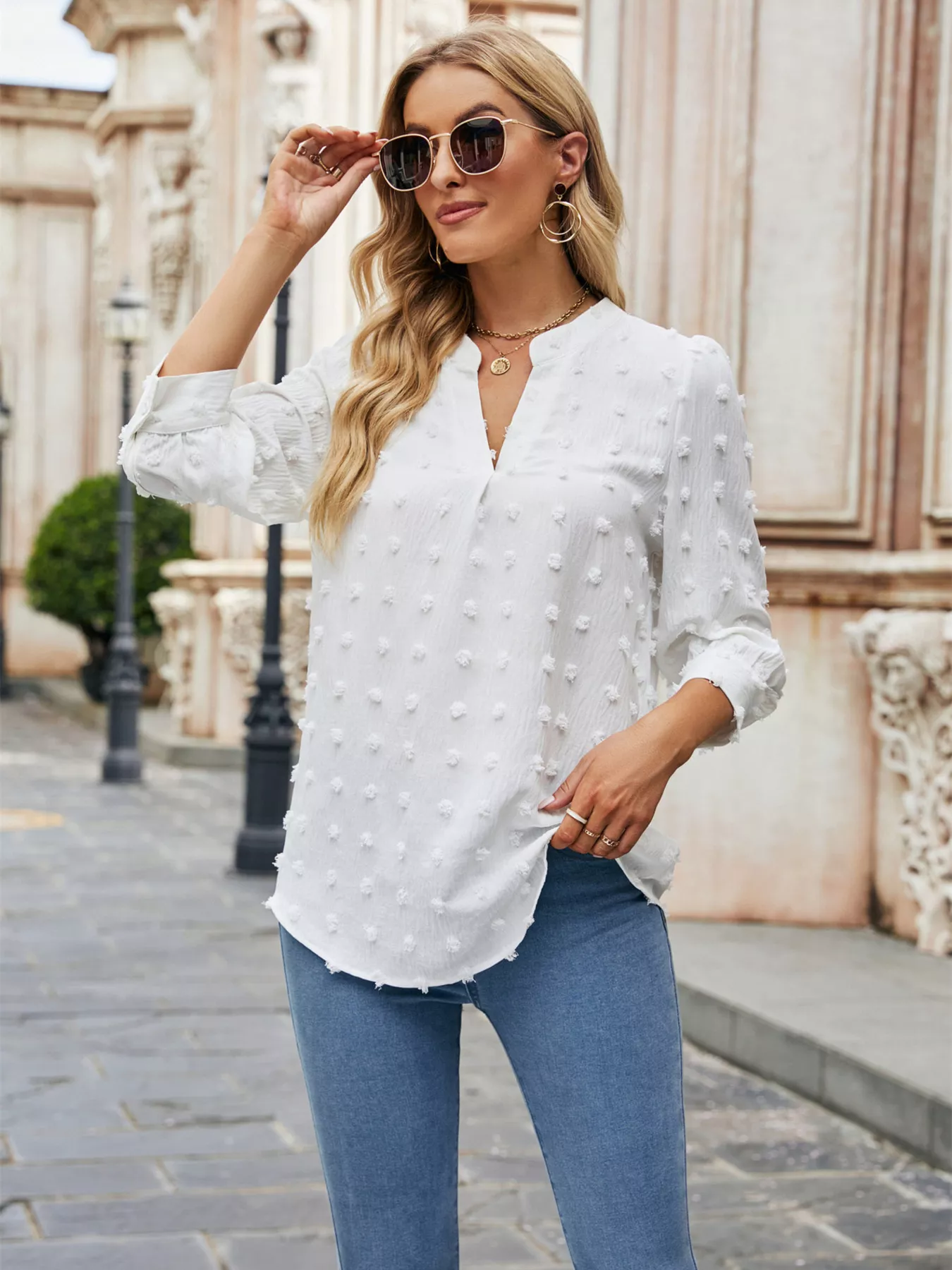 Swiss Dot Notched 3/4 Sleeve Blouse - Image 6
