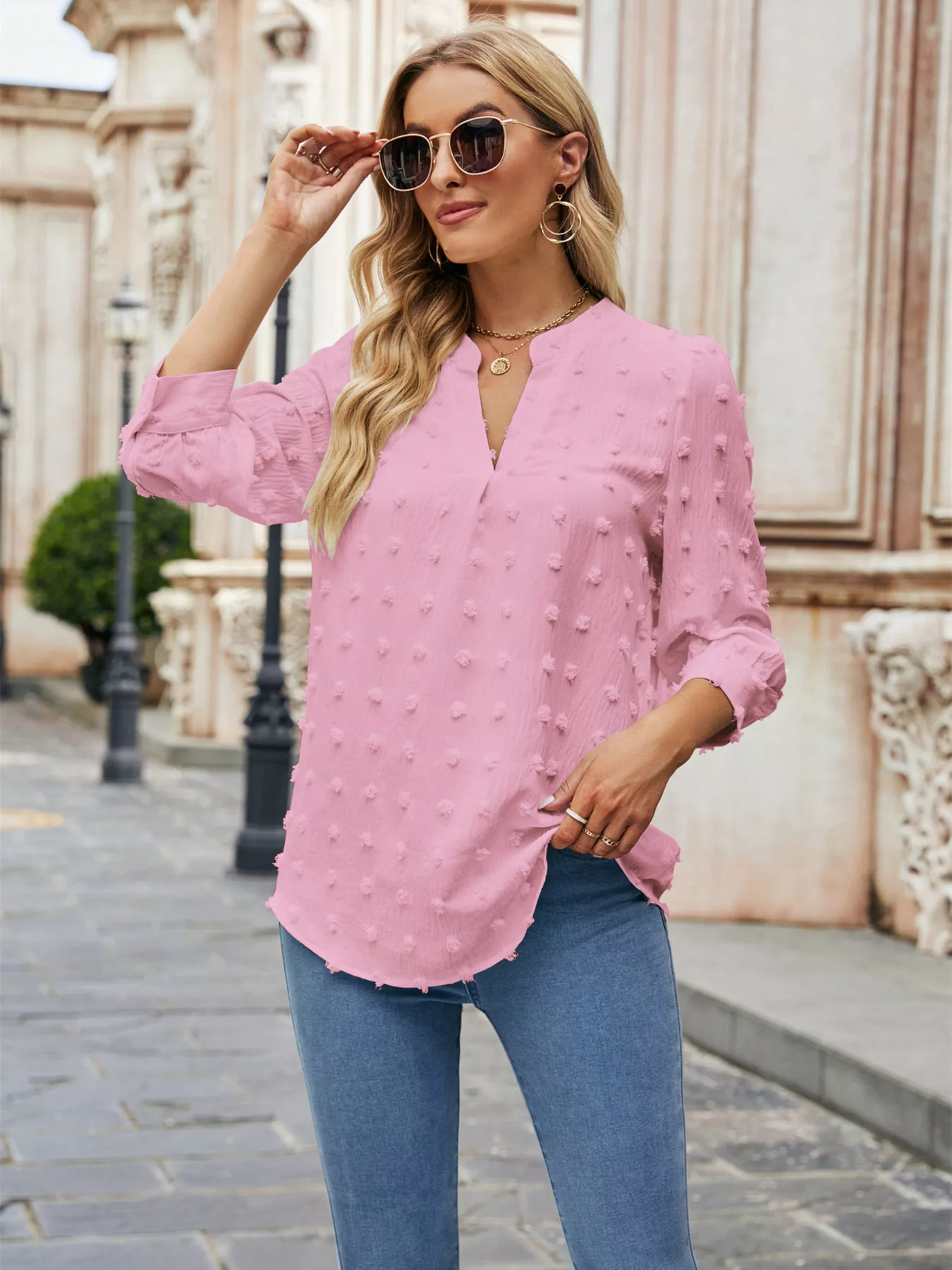 Swiss Dot Notched 3/4 Sleeve Blouse - Image 9