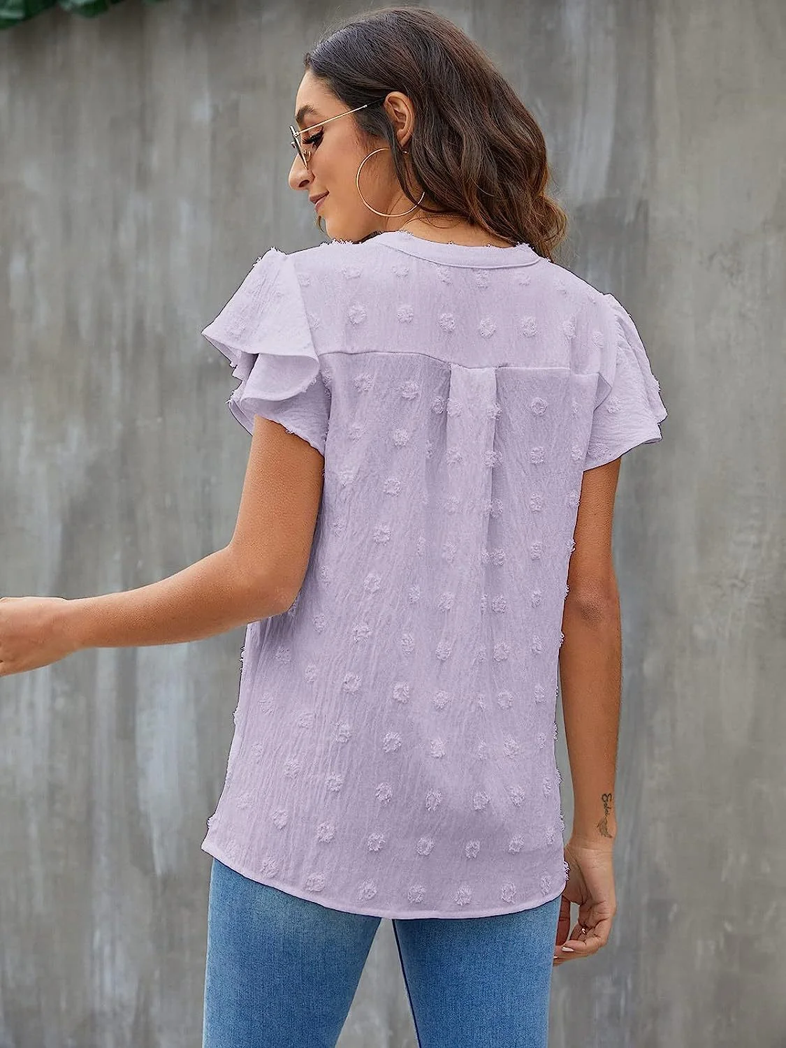 Swiss Dot Notched Cap Sleeve Blouse - Image 33