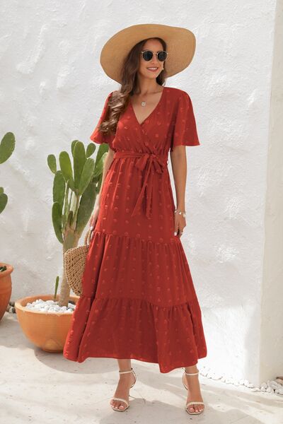 Swiss Dot Tied Surplice Short Sleeve Dress - Image 11