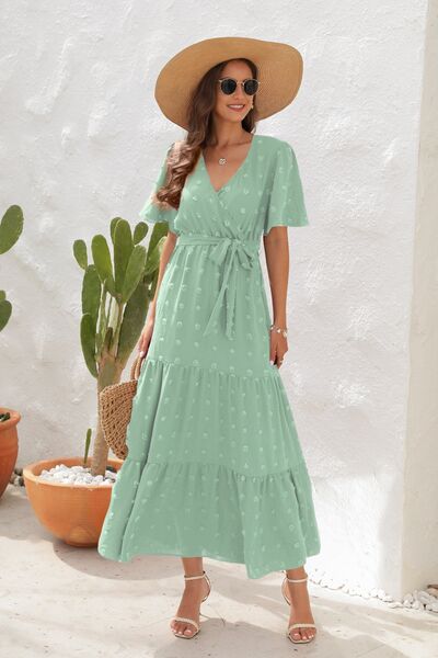Swiss Dot Tied Surplice Short Sleeve Dress - Image 17
