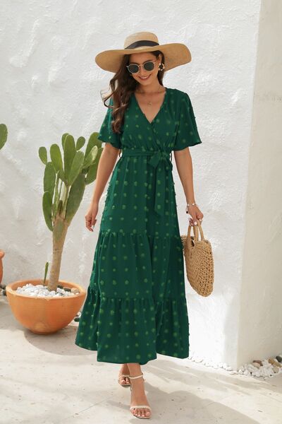 Swiss Dot Tied Surplice Short Sleeve Dress - Image 3