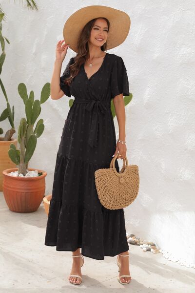 Swiss Dot Tied Surplice Short Sleeve Dress - Image 4