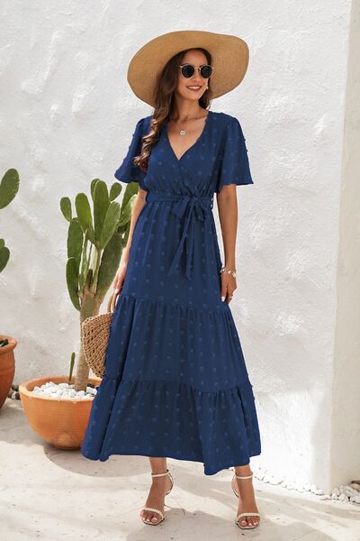 Swiss Dot Tied Surplice Short Sleeve Dress - Image 7