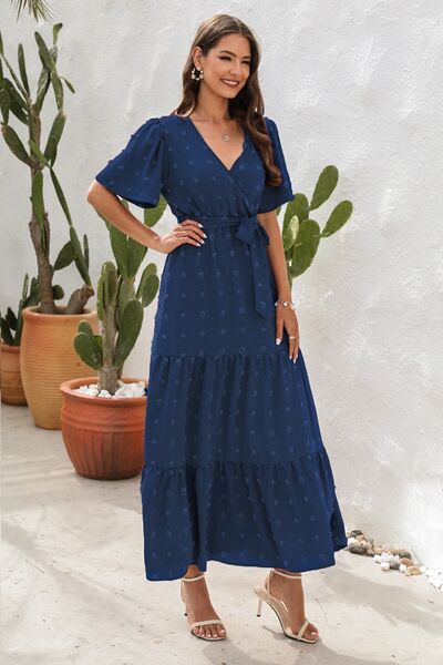 Swiss Dot Tied Surplice Short Sleeve Dress - Image 9