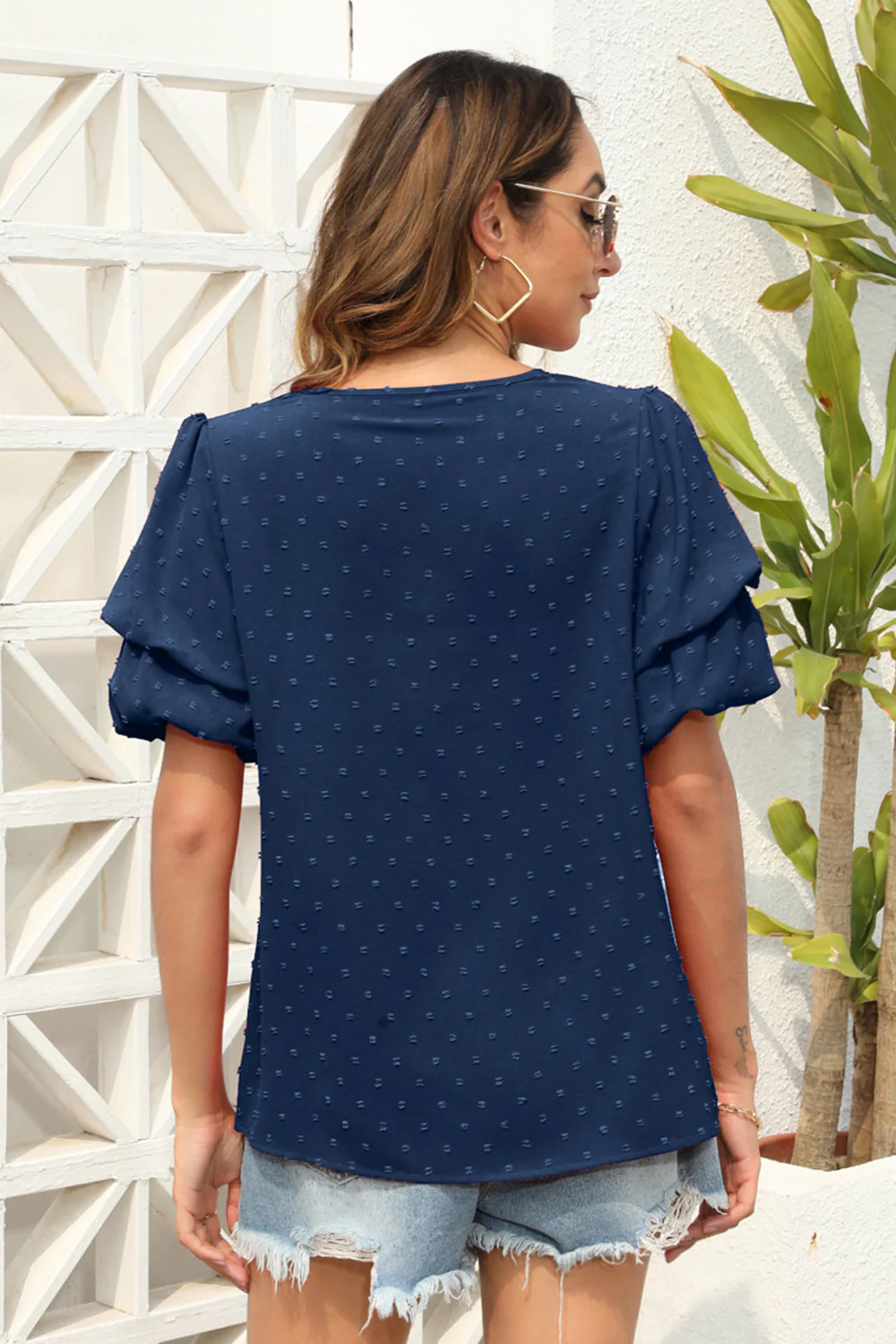 Swiss Dot V-Neck Short Sleeve Blouse - Image 2