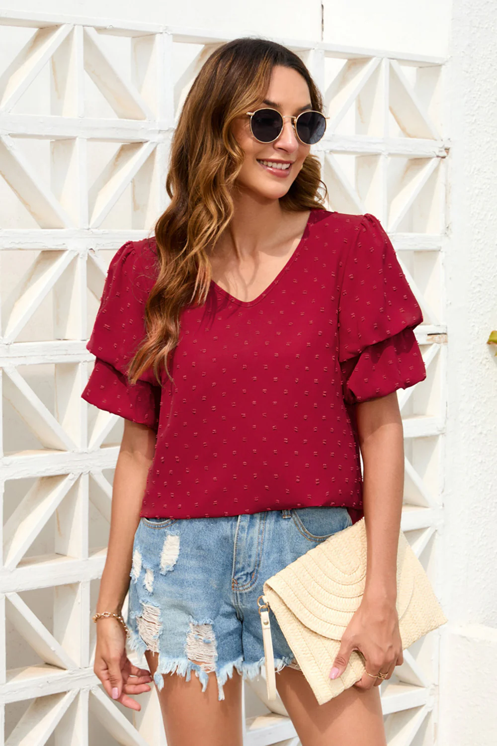 Swiss Dot V-Neck Short Sleeve Blouse - Image 5