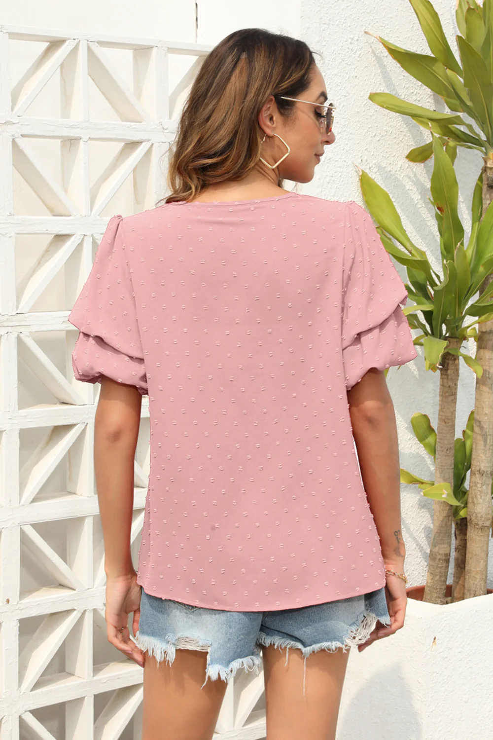 Swiss Dot V-Neck Short Sleeve Blouse - Image 8