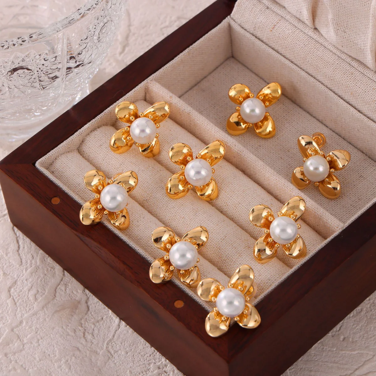 Synthetic Pearl Titanium Steel Flower Earrings - Image 6