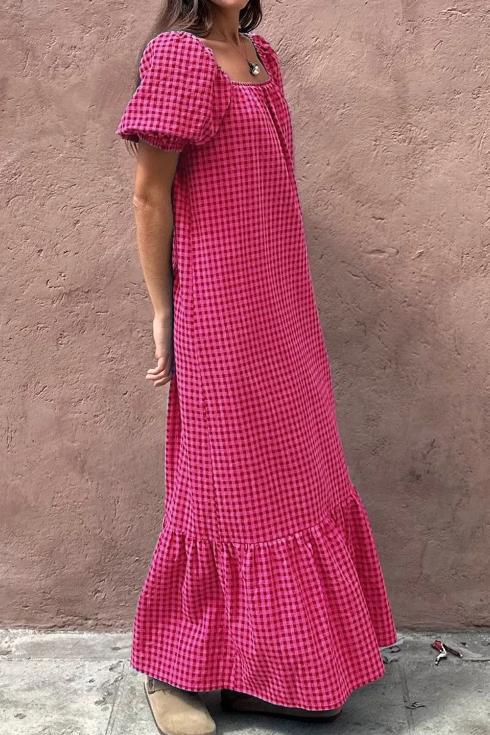 SYNZ Gingham Check Bubble Sleeve Ruffled Maxi Dress - Image 4