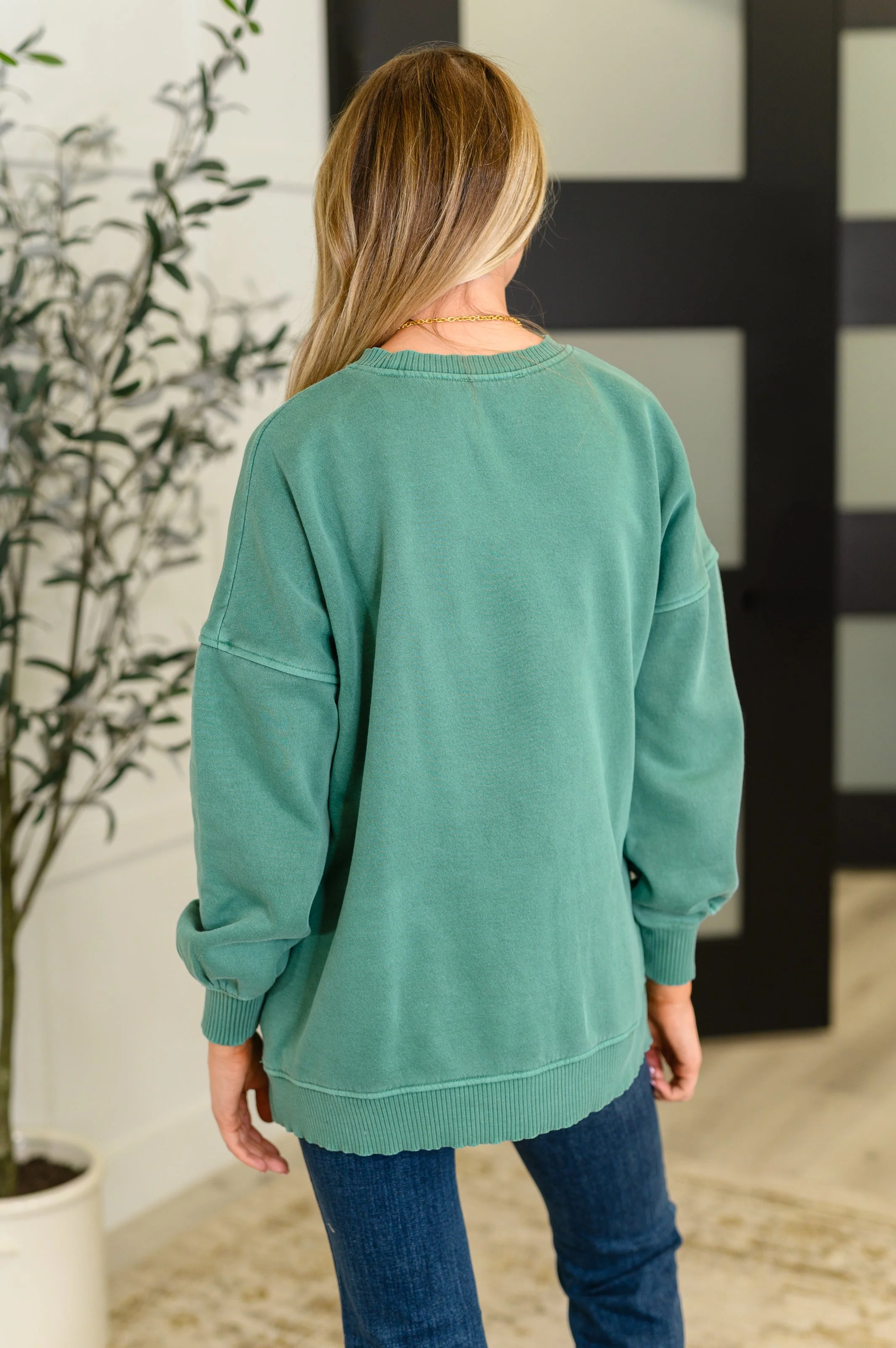 Talk Cozy to Me Stepped Hem Pullover in Dark Green - Image 5