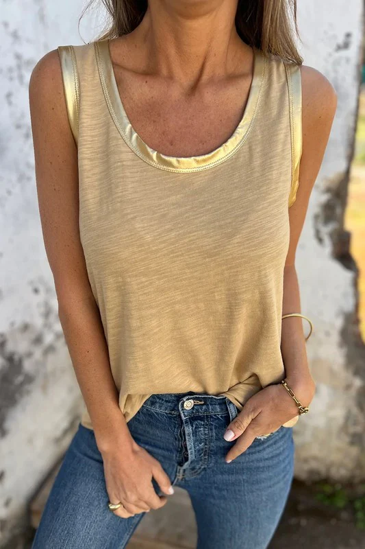 Tan Metallic Sheen Edge Scoop Neck Tank Top - Image 7