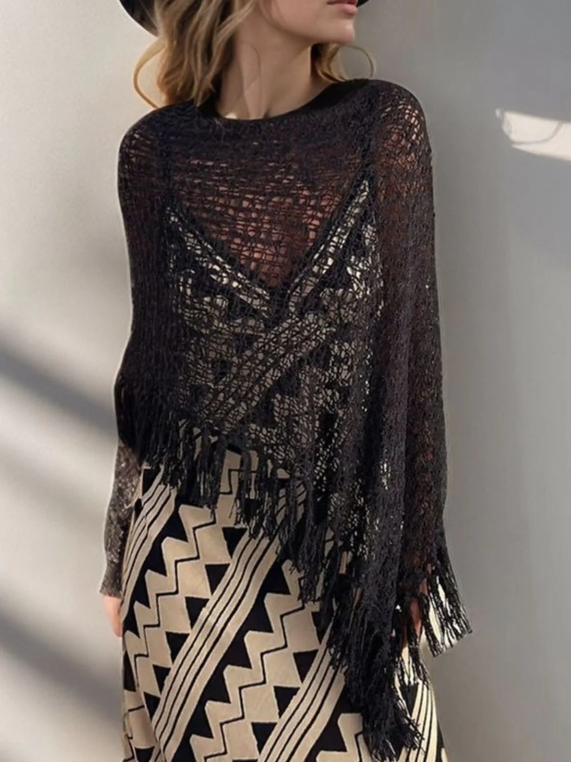 Tassel Boat Neck Knit Shawl - Image 4