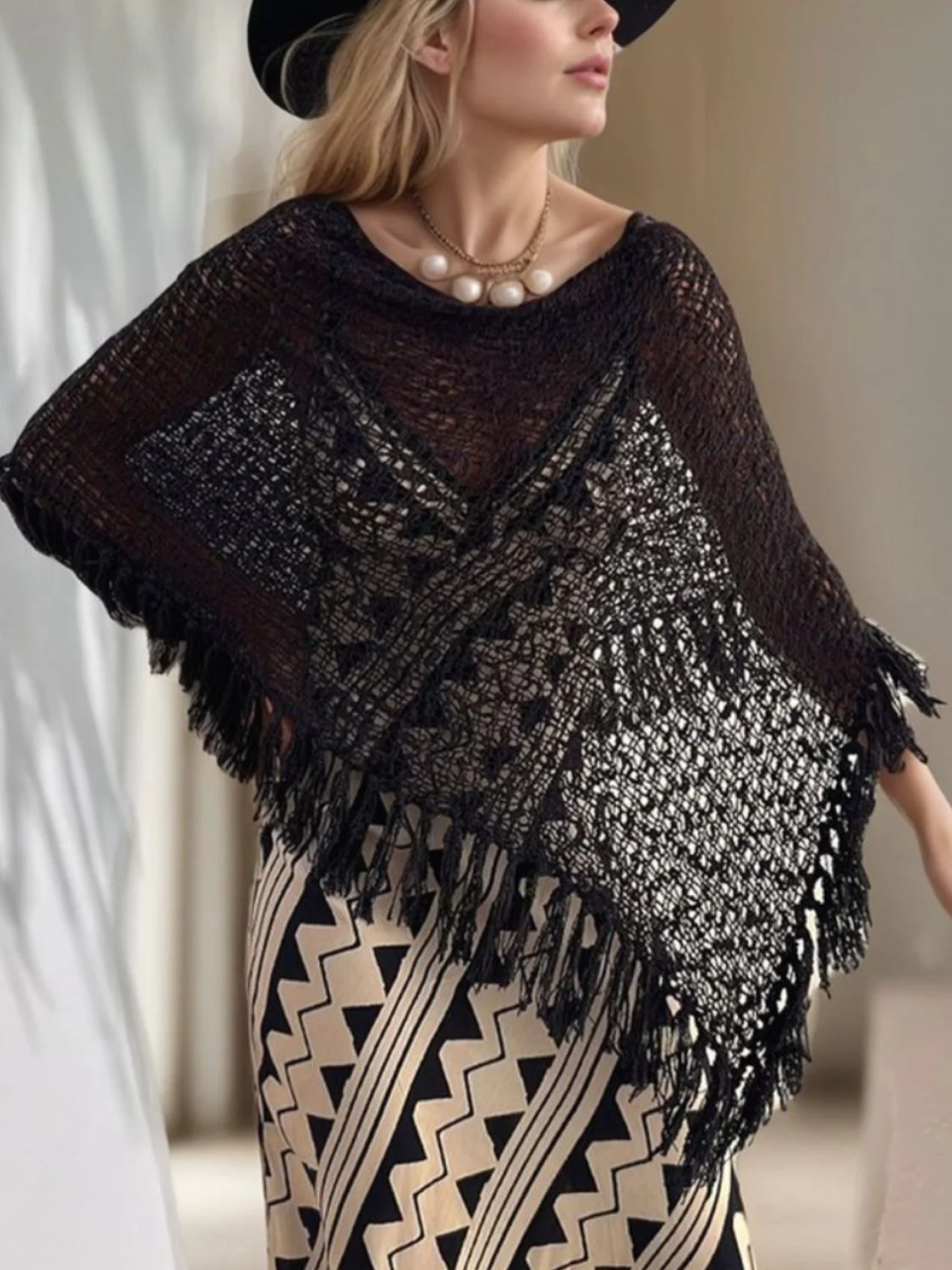 Tassel Boat Neck Knit Shawl - Image 5