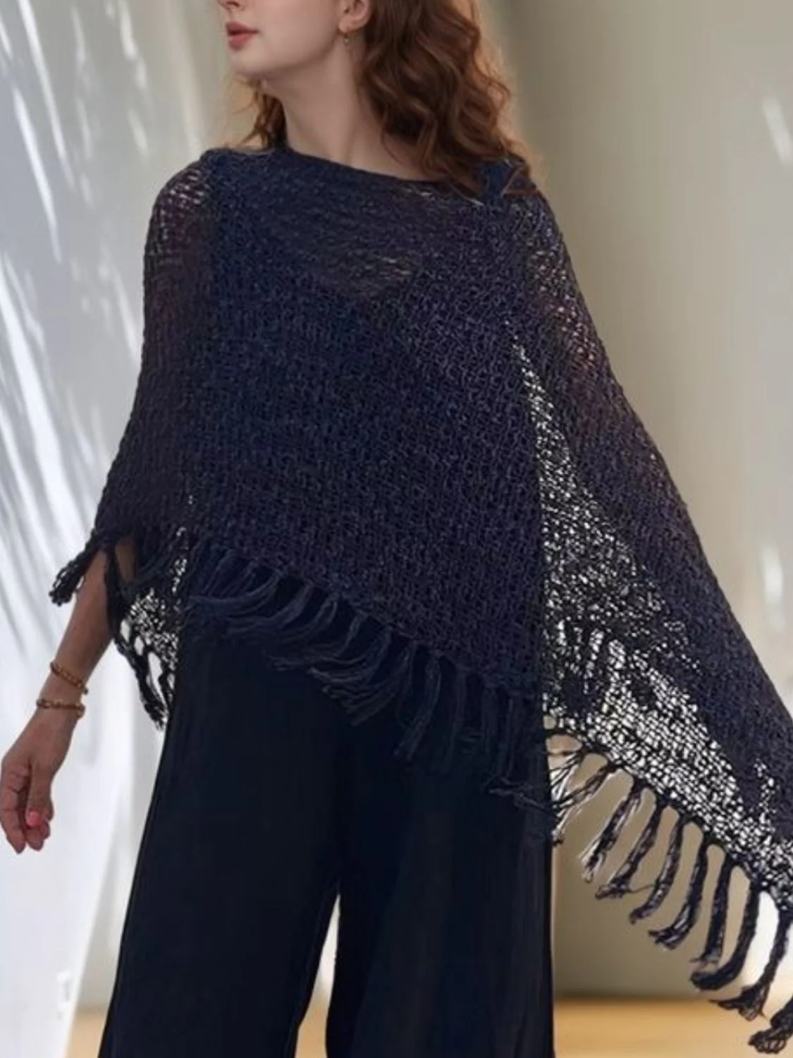 Tassel Boat Neck Knit Shawl - Image 6