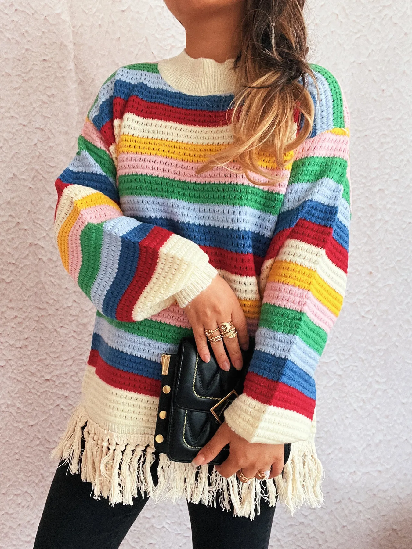 Tassel Rainbow Striped Long Sleeve Sweater - Image 3