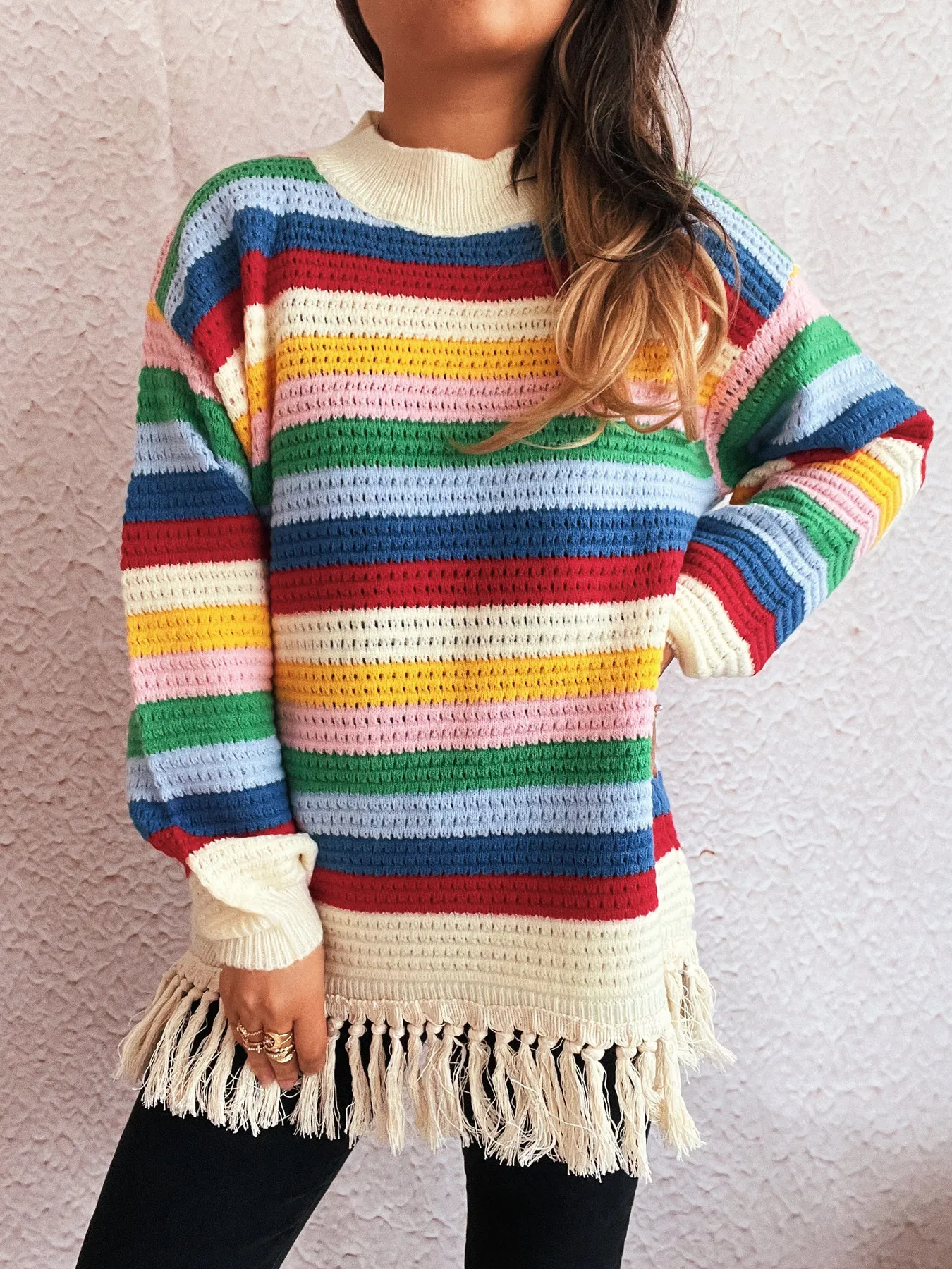 Tassel Rainbow Striped Long Sleeve Sweater - Image 4