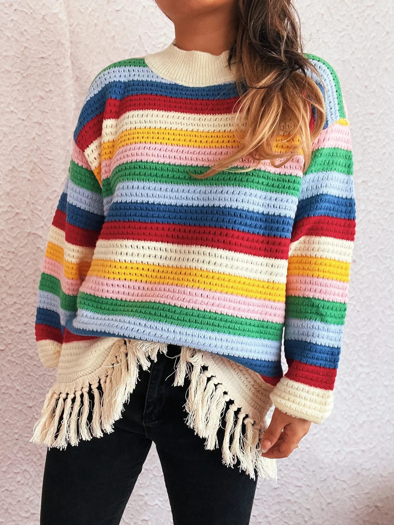Tassel Rainbow Striped Long Sleeve Sweater - Image 5