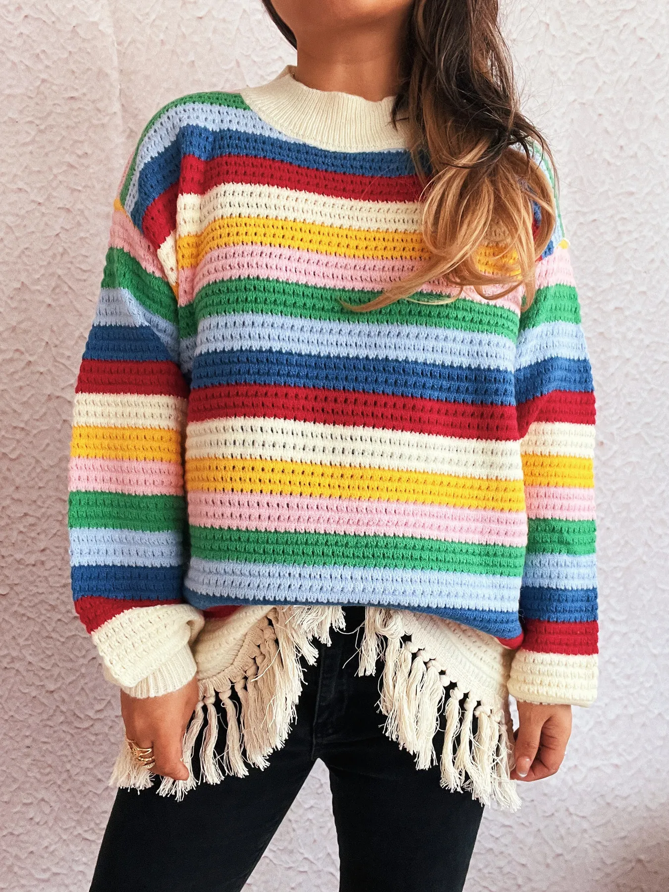 Tassel Rainbow Striped Long Sleeve Sweater - Image 7