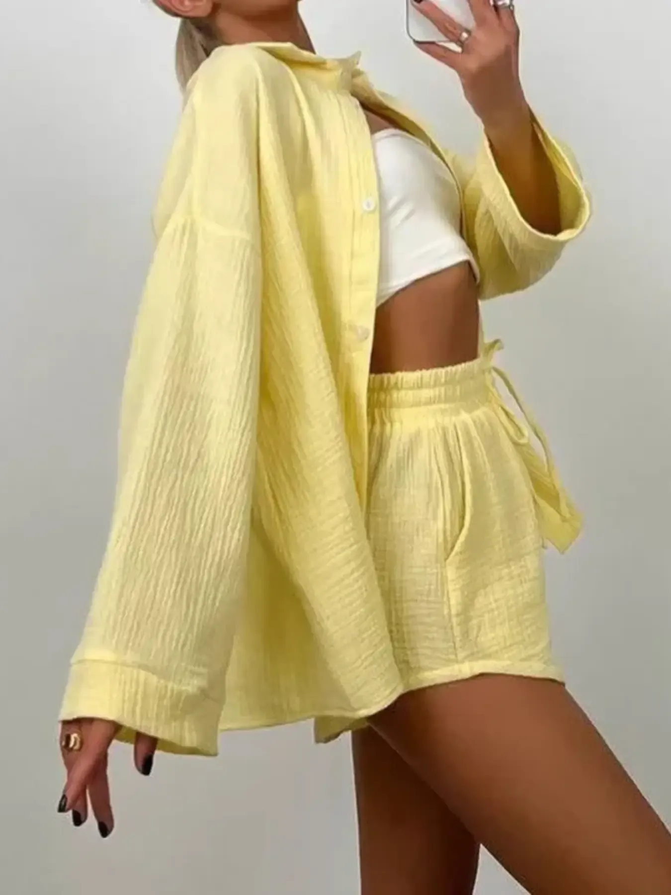 Texture Button Up Shirt and Shorts Set - Image 8