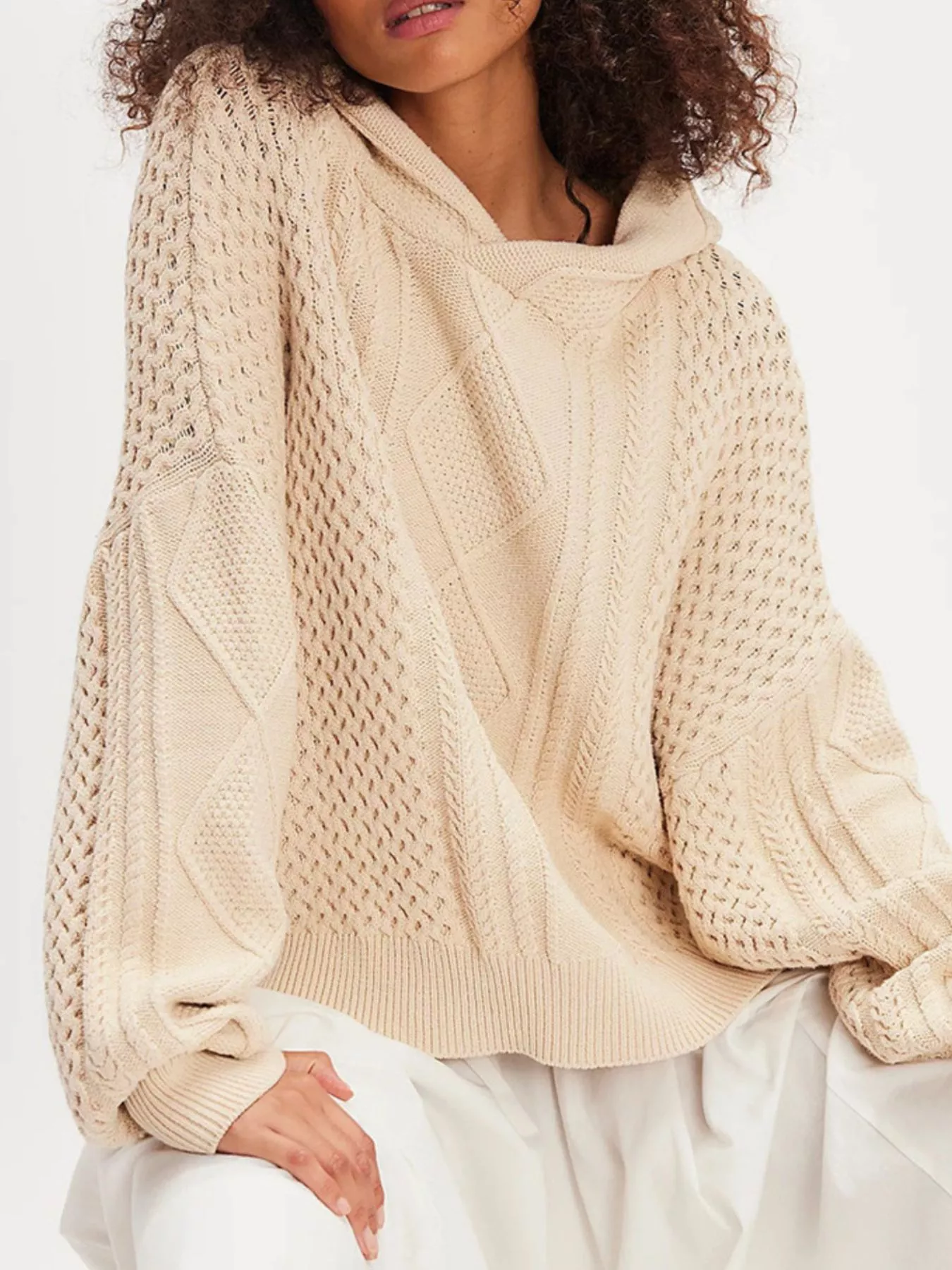 Texture Knit Long Sleeve Hooded Sweater - Image 3