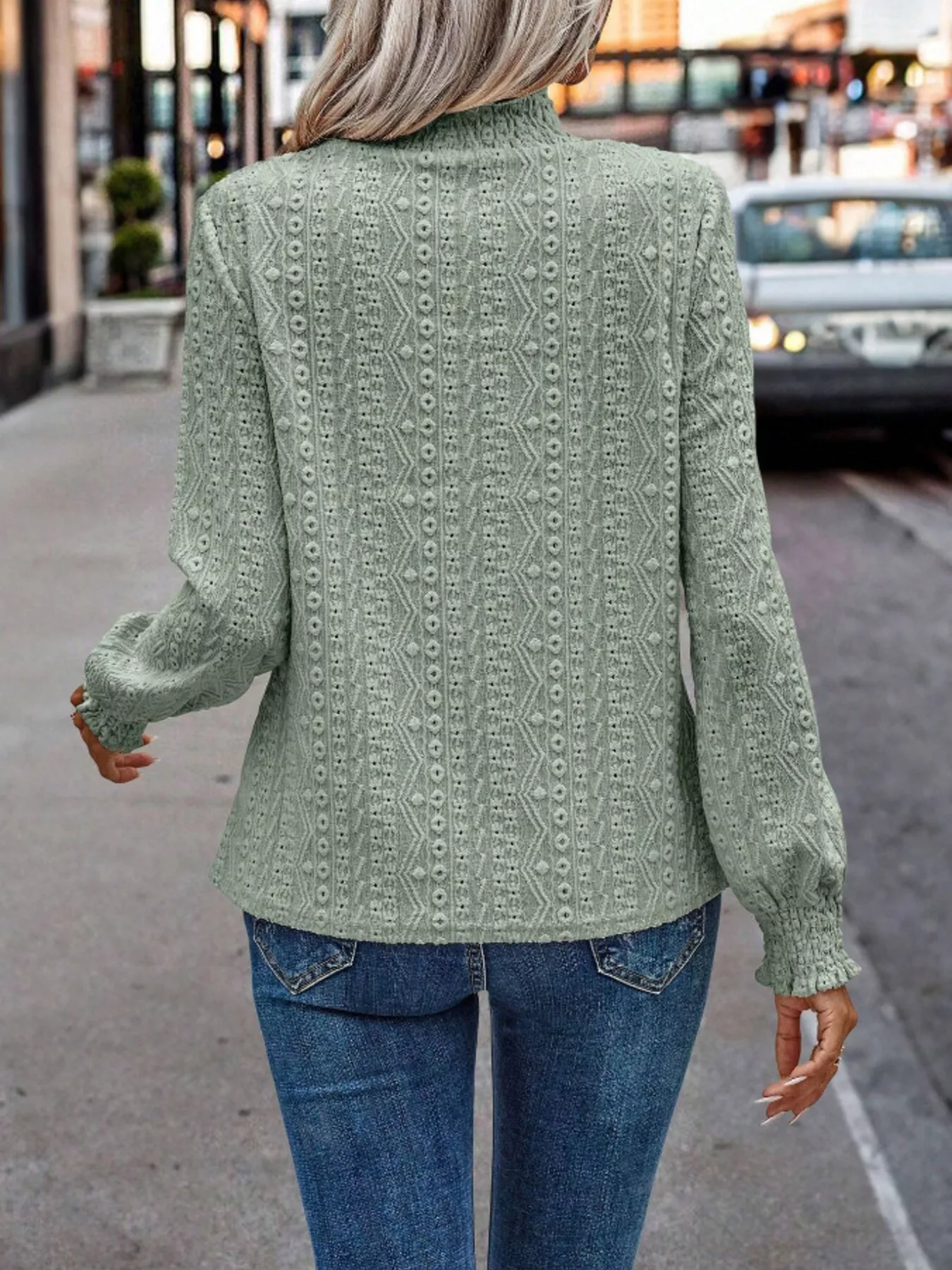 Texture Mock Neck Long Sleeve Blouse - Image 10