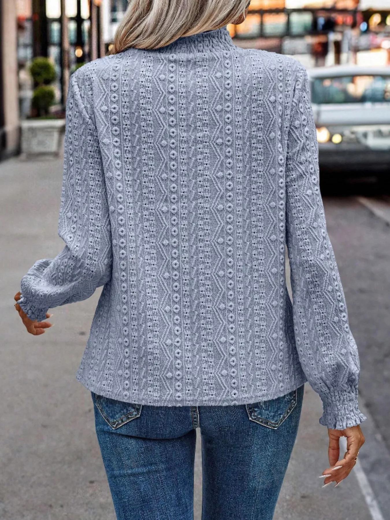 Texture Mock Neck Long Sleeve Blouse - Image 14