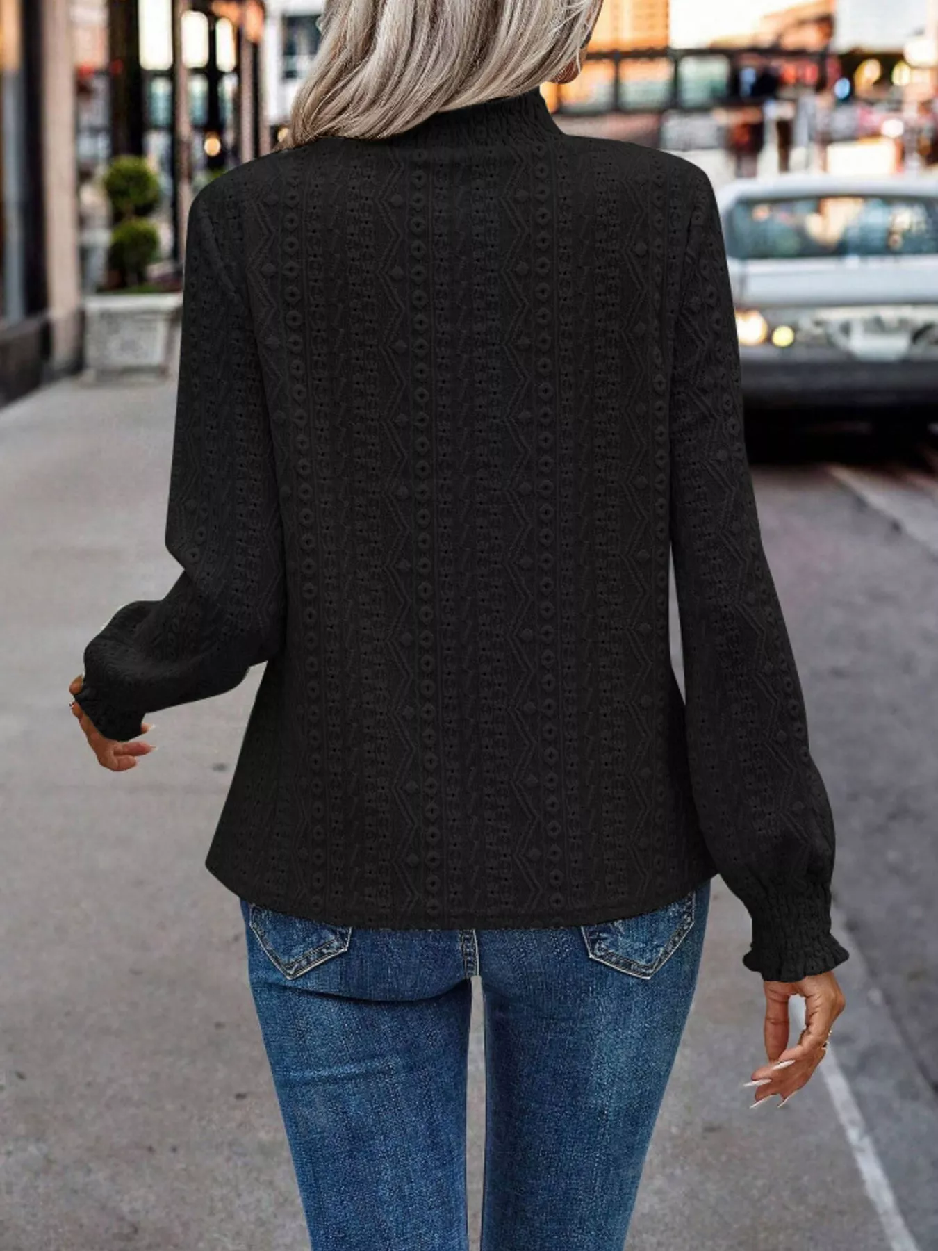 Texture Mock Neck Long Sleeve Blouse - Image 6
