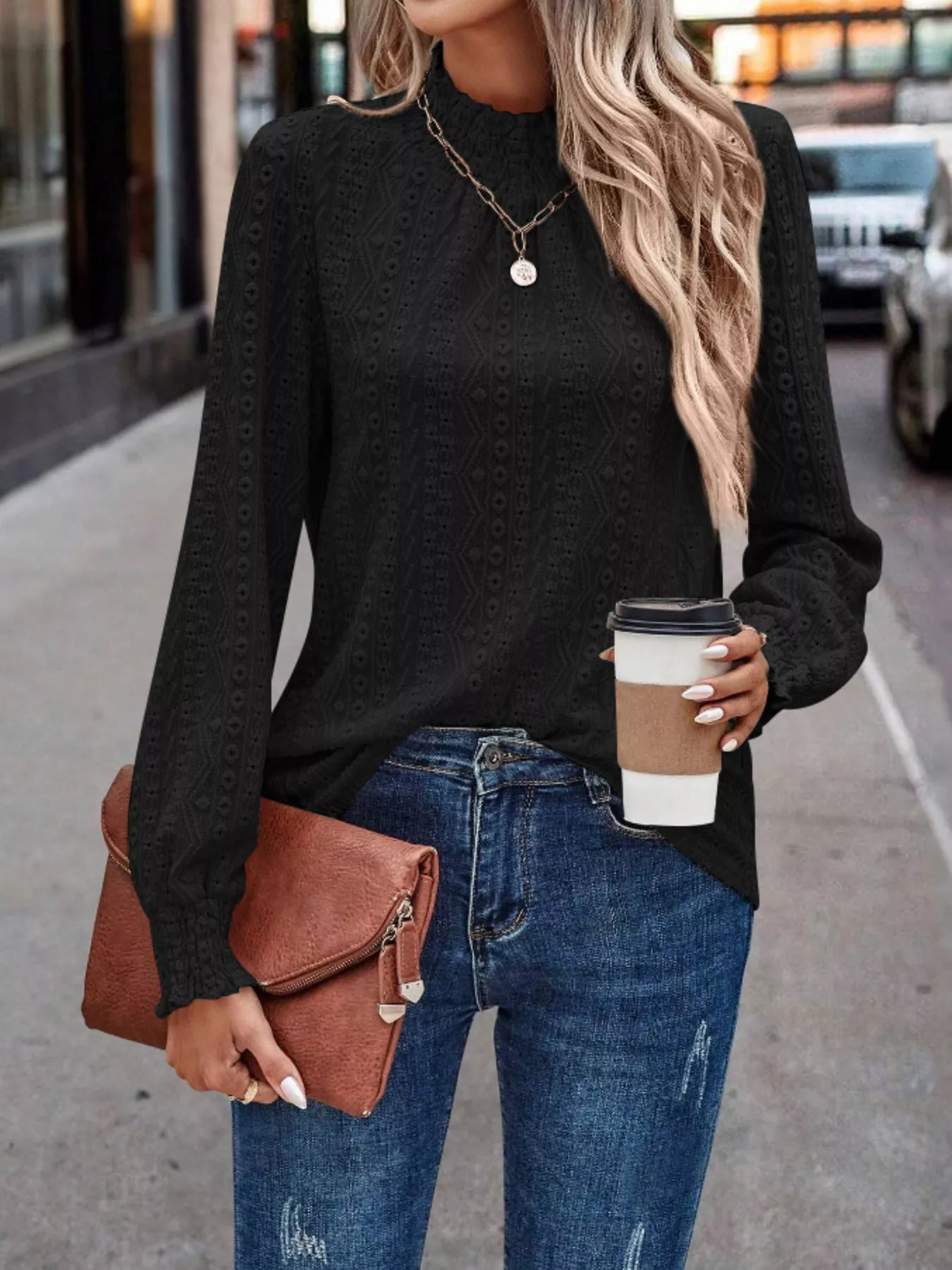 Texture Mock Neck Long Sleeve Blouse - Image 7