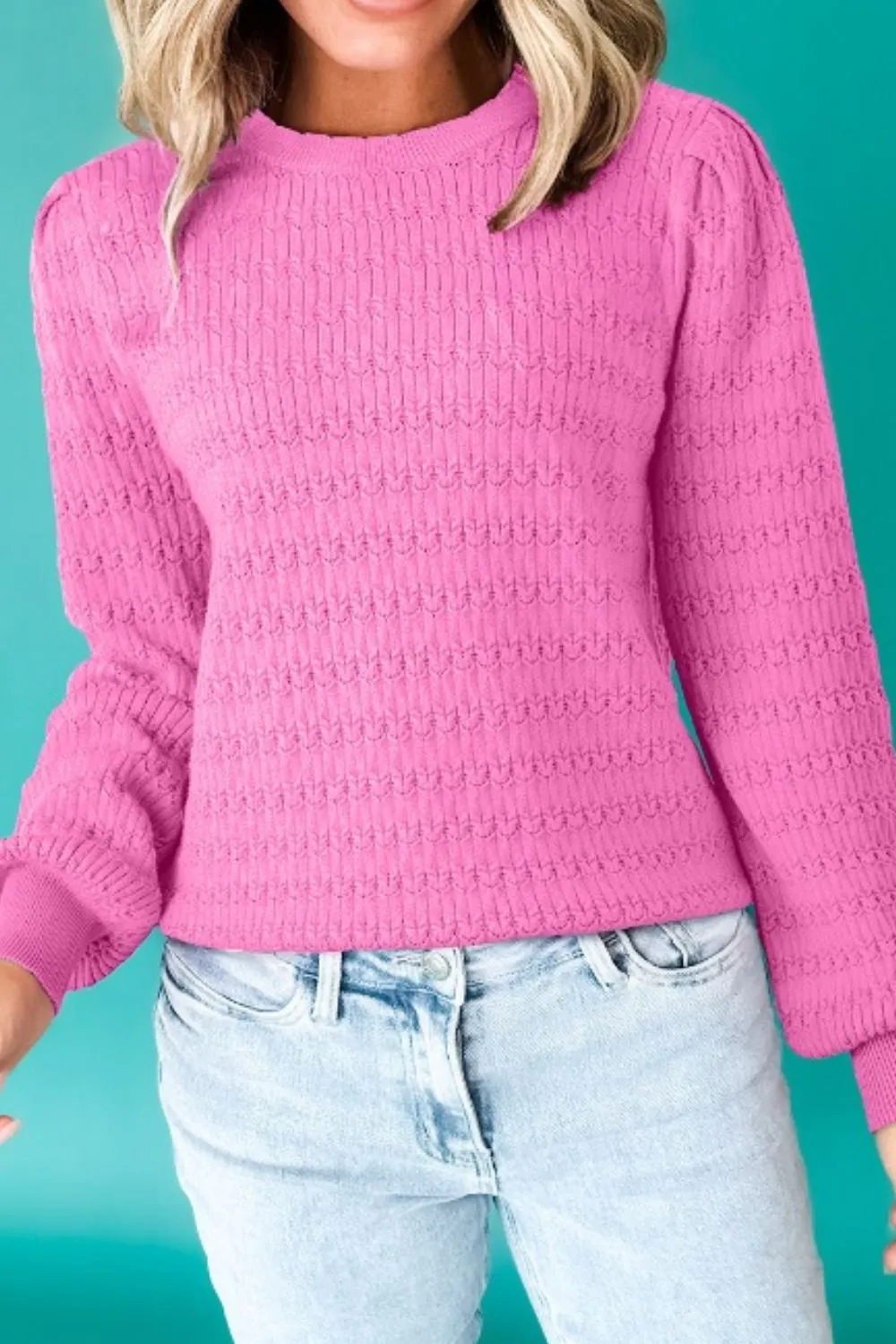 Texture Round Neck Long Sleeve Sweater - Image 3