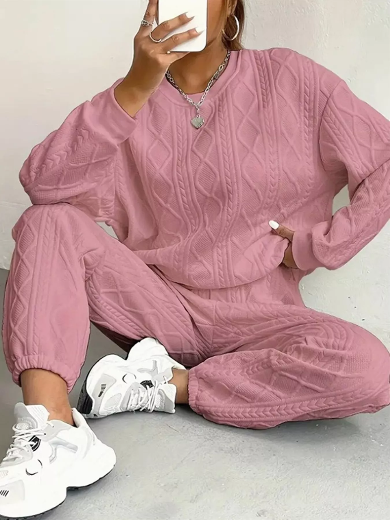 Texture Round Neck Top and Pants Set - Image 5