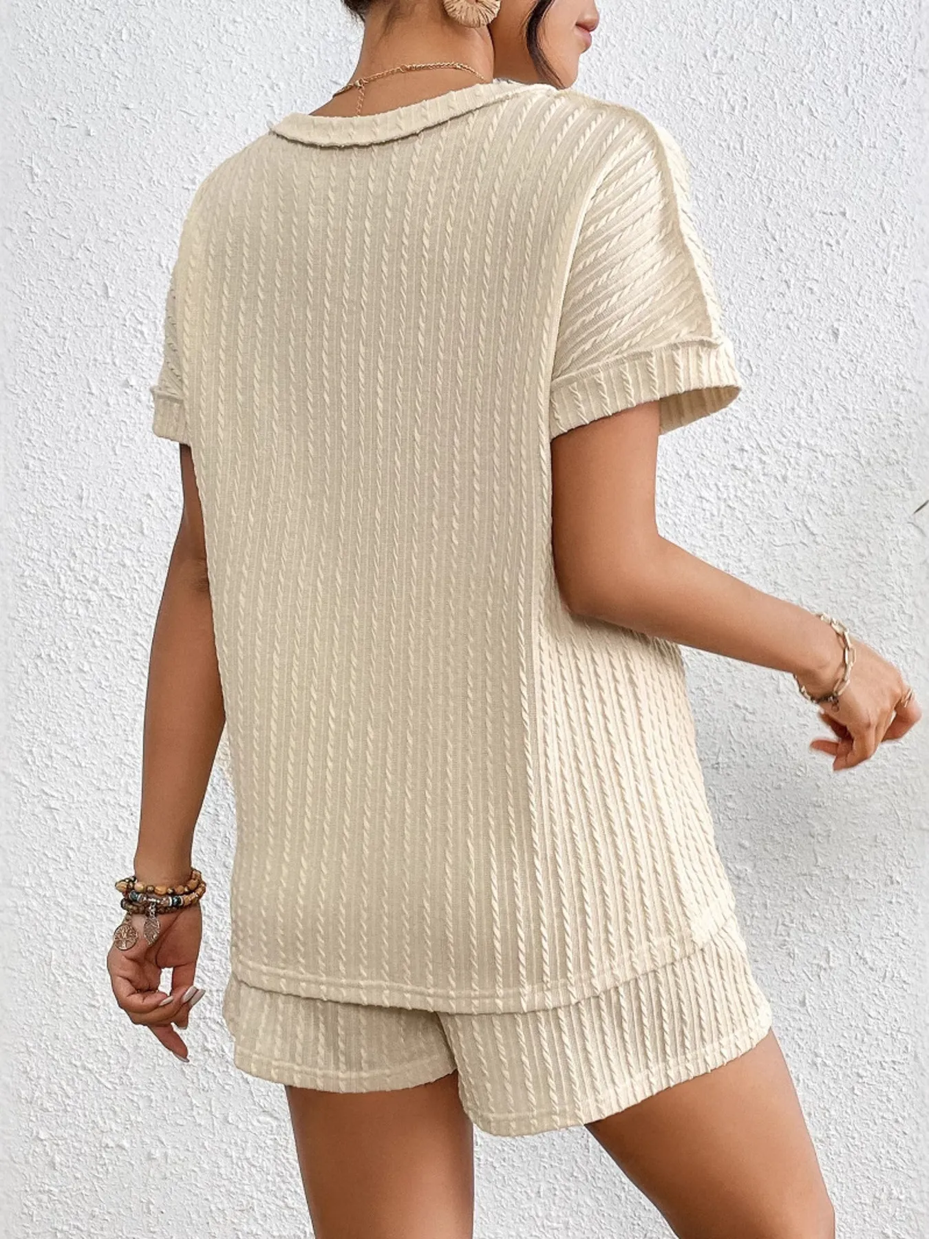 Texture Round Neck Top and Shorts Lounge Set - Image 2