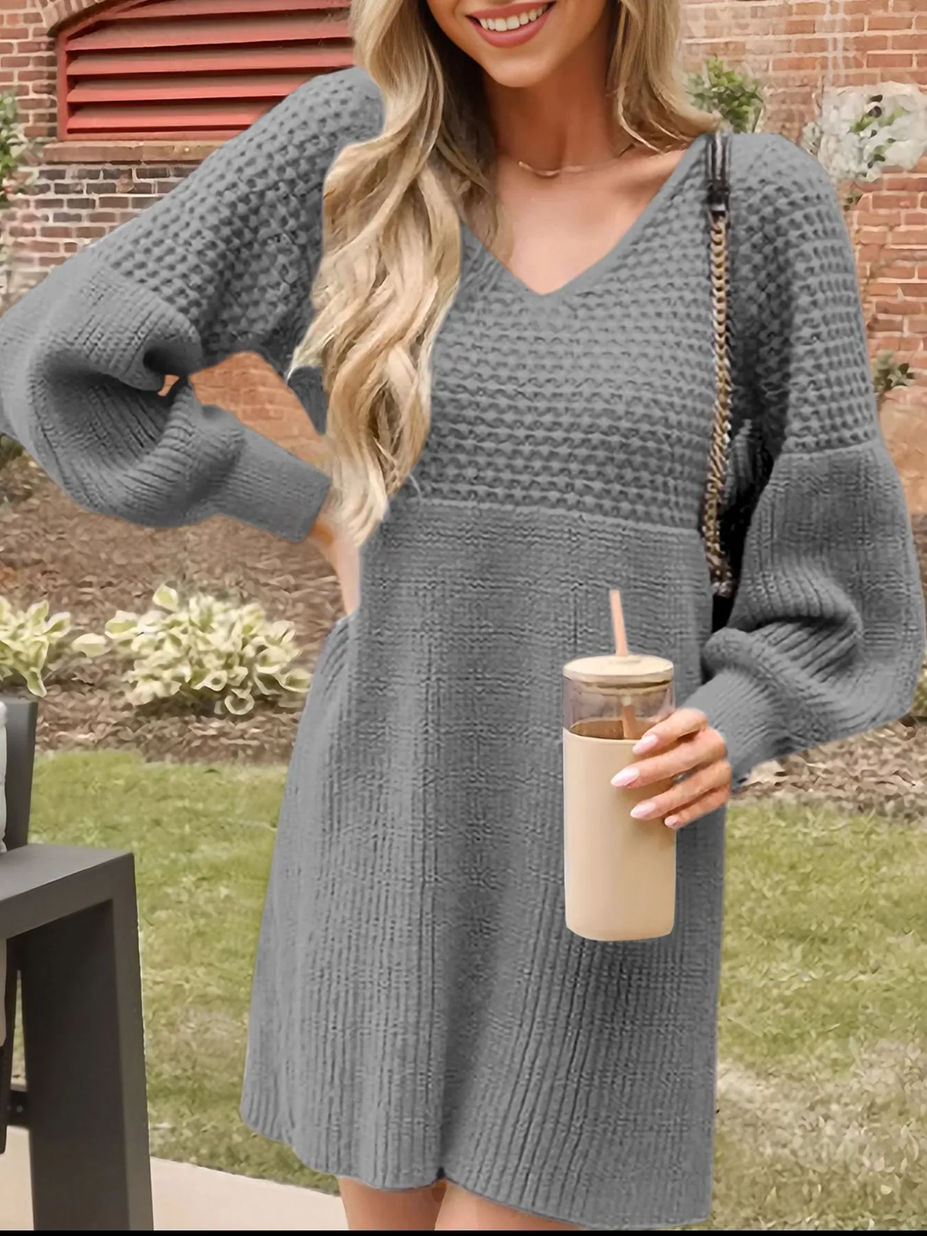 Texture V-Neck Lantern Sleeve Sweater Dress - Image 6