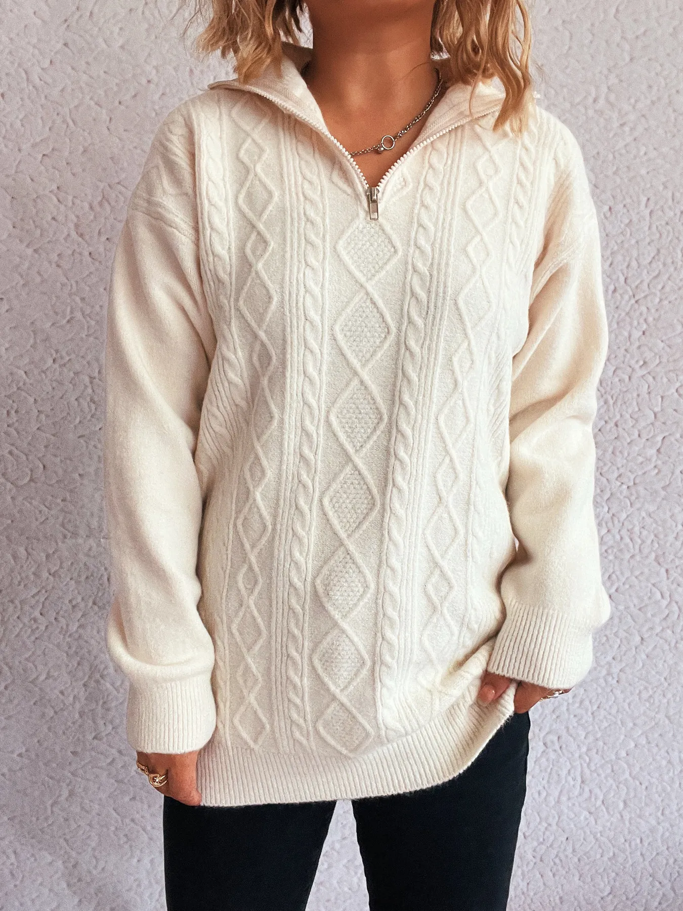 Texture Zip Collar Long Sleeve Sweater - Image 16