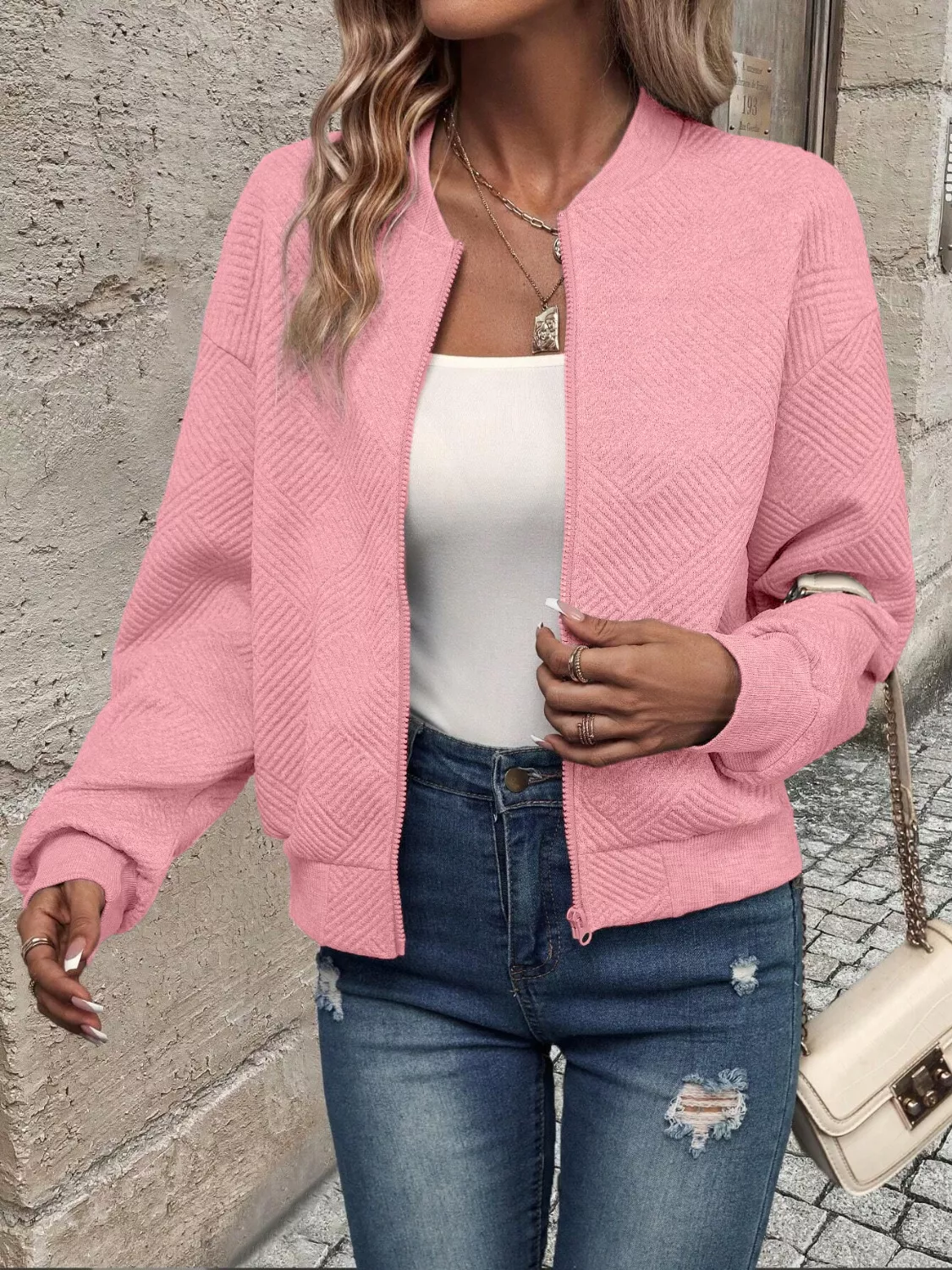 Texture Zip-Up Bomber Jacket - Image 32