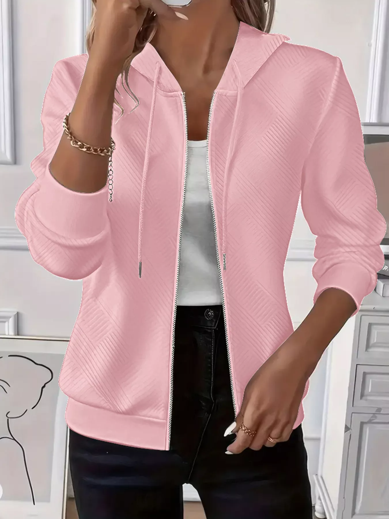 Texture Zip-Up Hoodie with Drawstring - Image 7