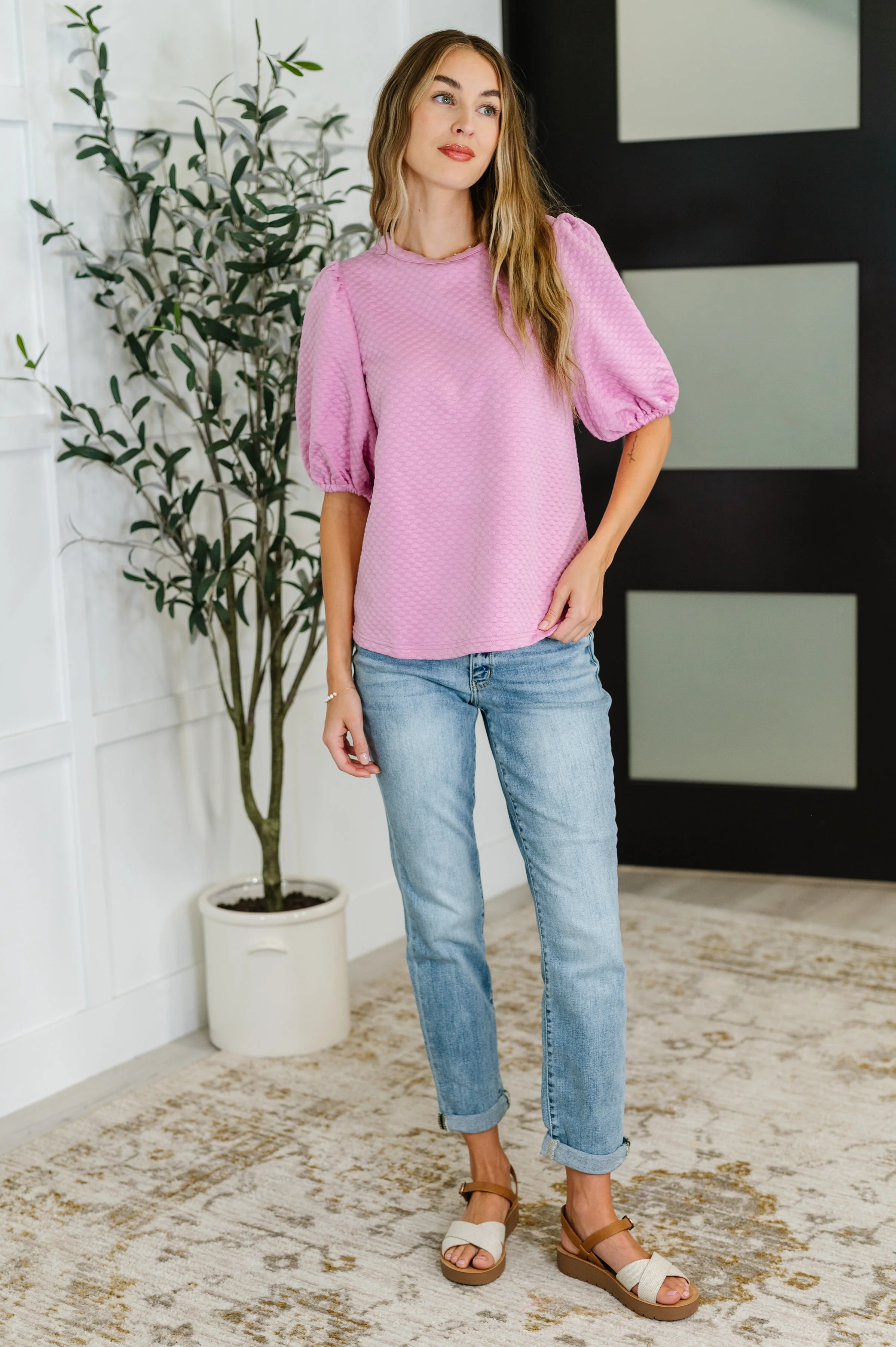Textured Balloon Sleeve Blouse in Pink - Image 3
