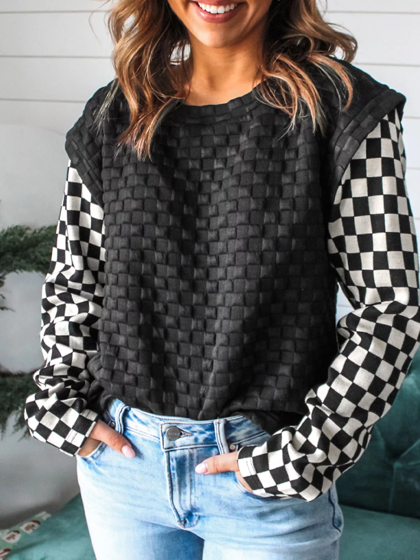 Textured Contrast Checkered Patchwork Long Sleeve Top - Image 3