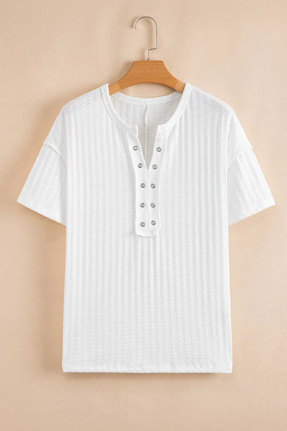 Textured Hollow Grommet Placket Split Neck Short Sleeve Top - Image 3
