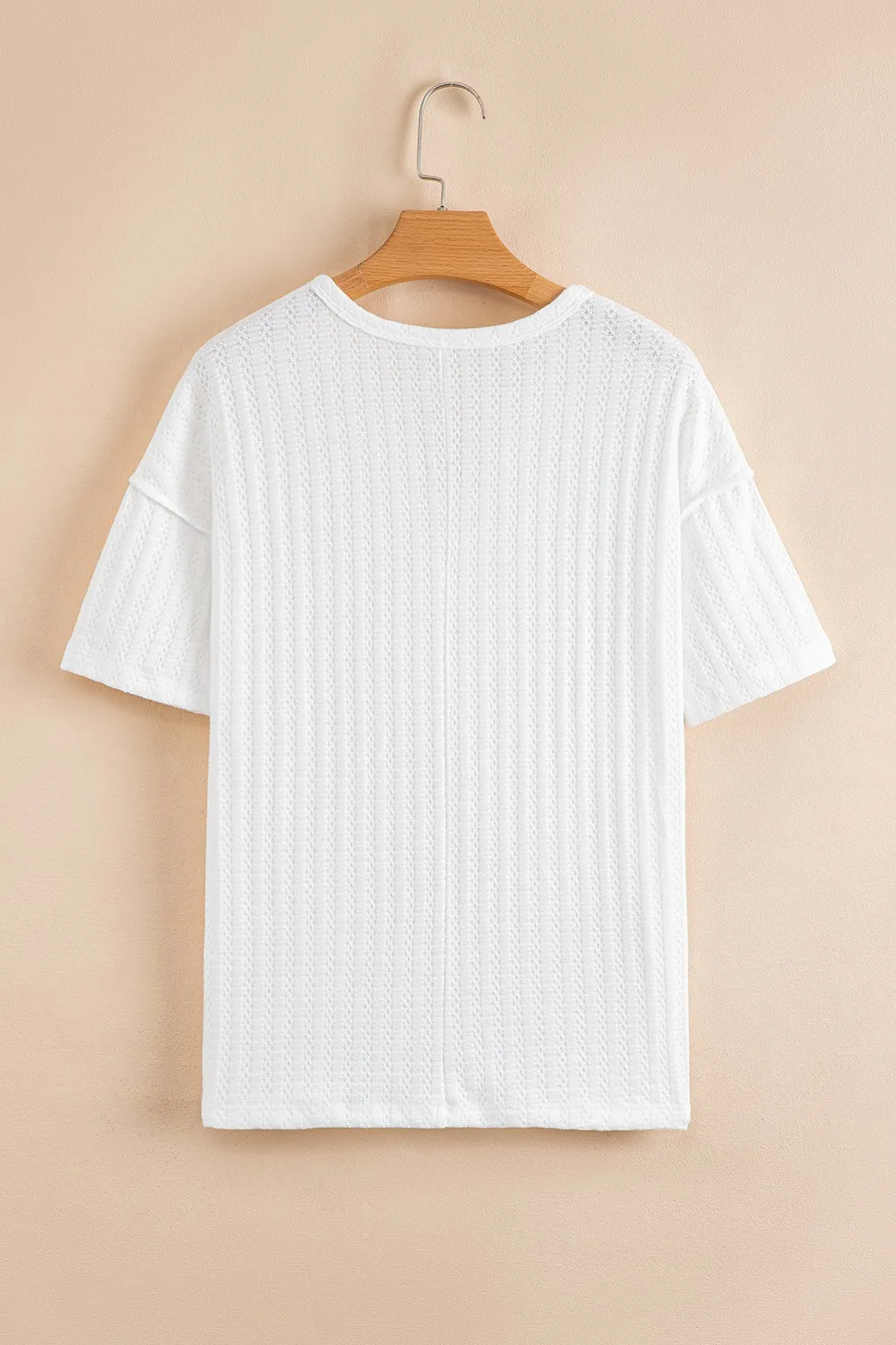 Textured Hollow Grommet Placket Split Neck Short Sleeve Top - Image 4