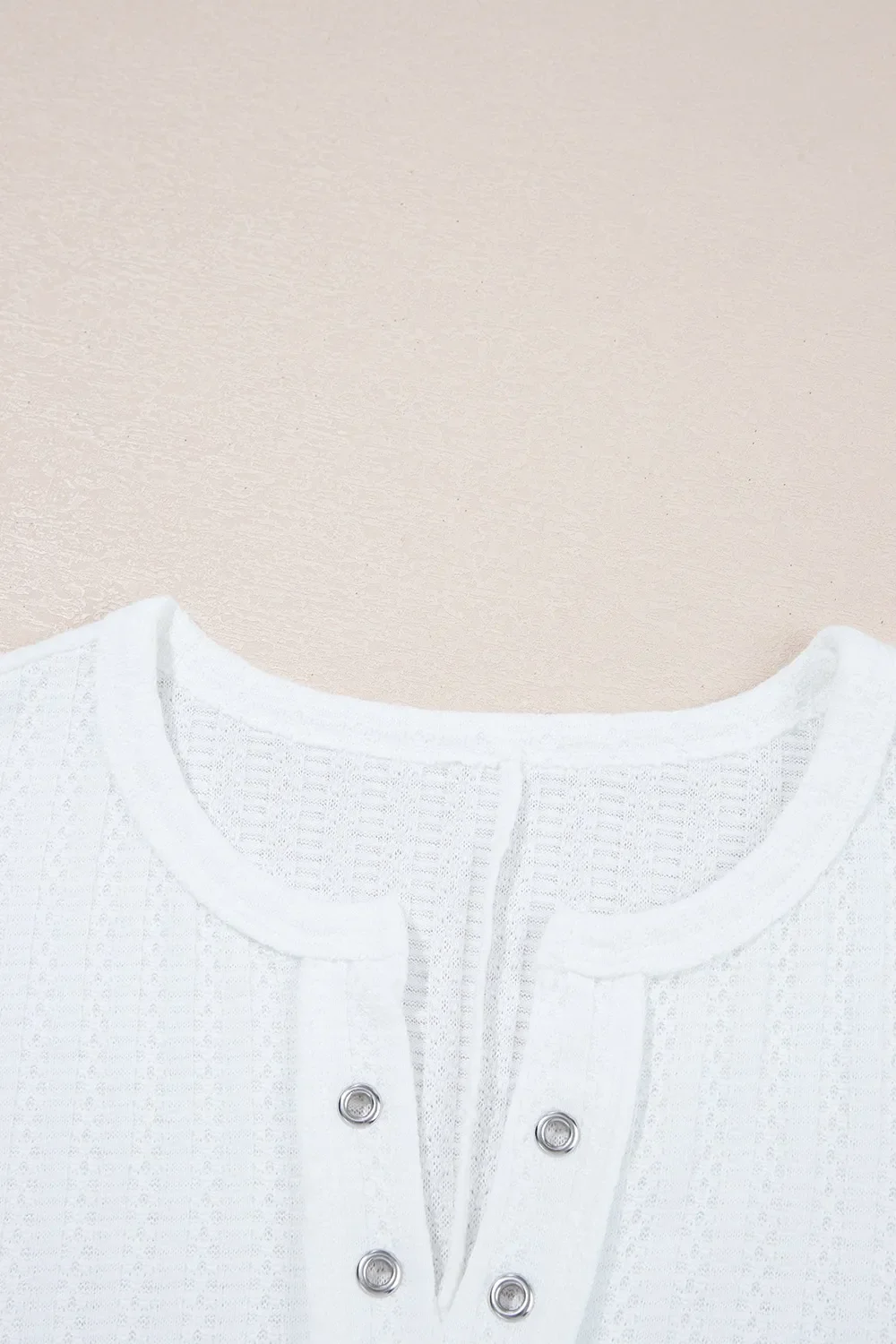 Textured Hollow Grommet Placket Split Neck Short Sleeve Top - Image 5