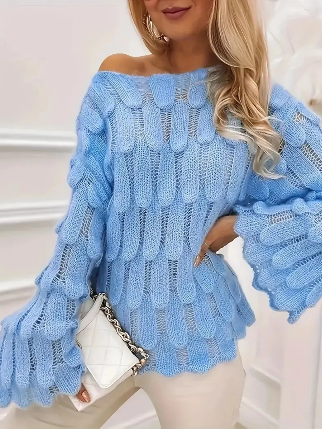 Textured Knit Bell Sleeve Knit Top - Image 3