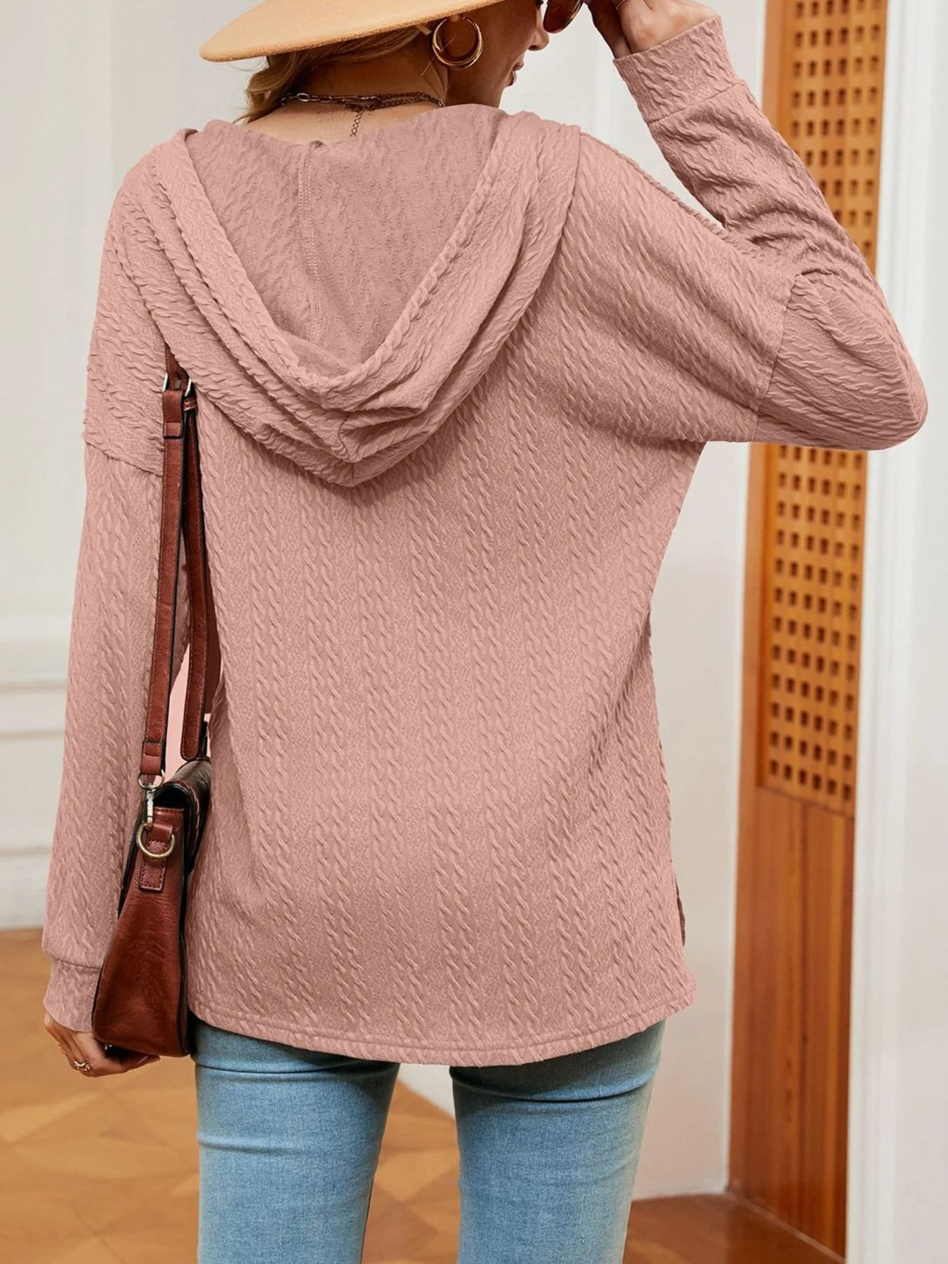 Textured Knit Button Detail Hoodie - Image 4