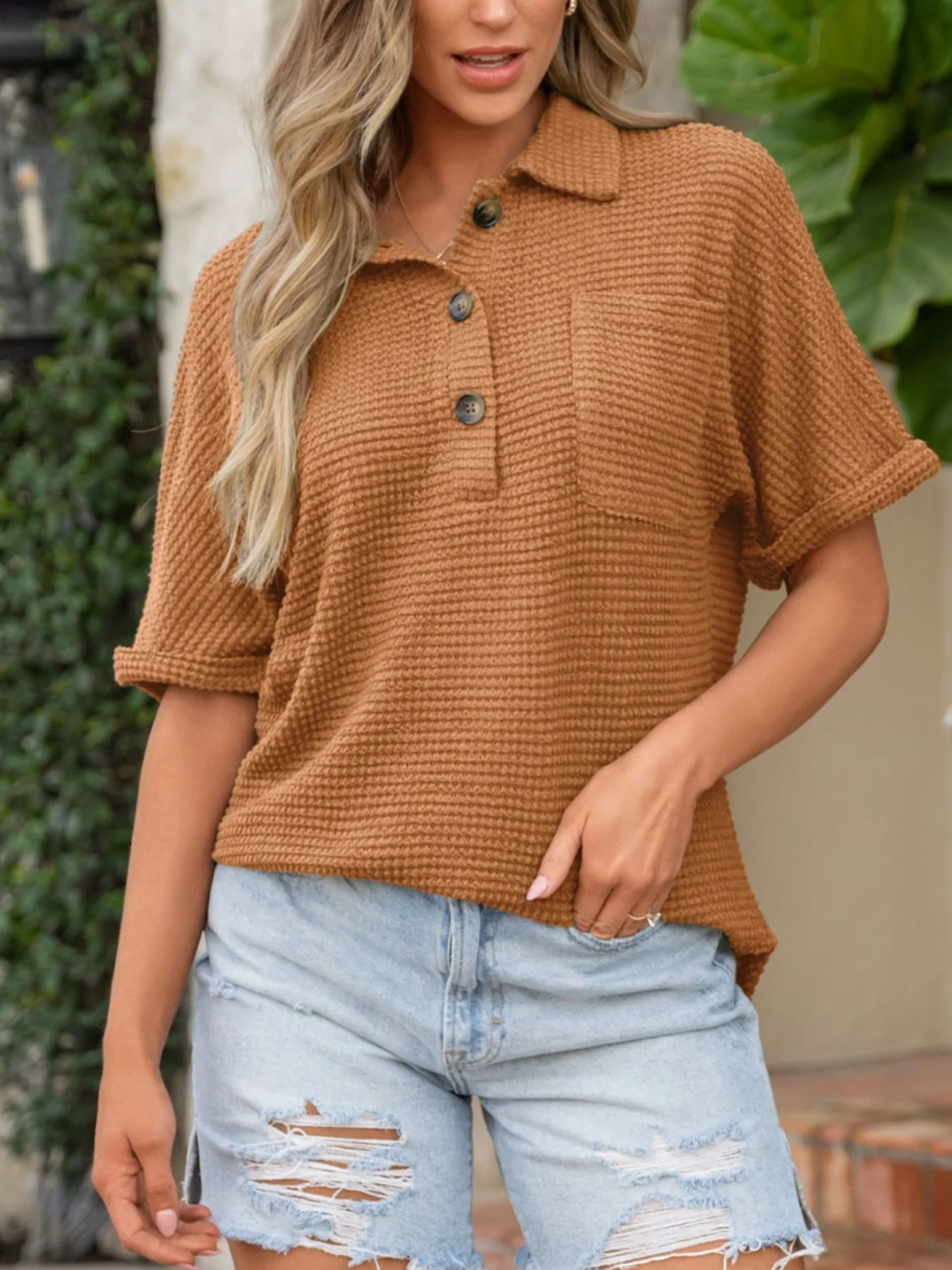 Textured Knit Button Detail Top - Image 3